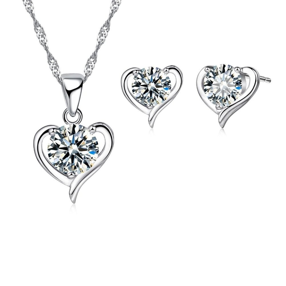 🌟 925 Sterling Silver Heart Necklace Earrings Set - Romantic Jewelry Ensemble - Picture 1 of 3